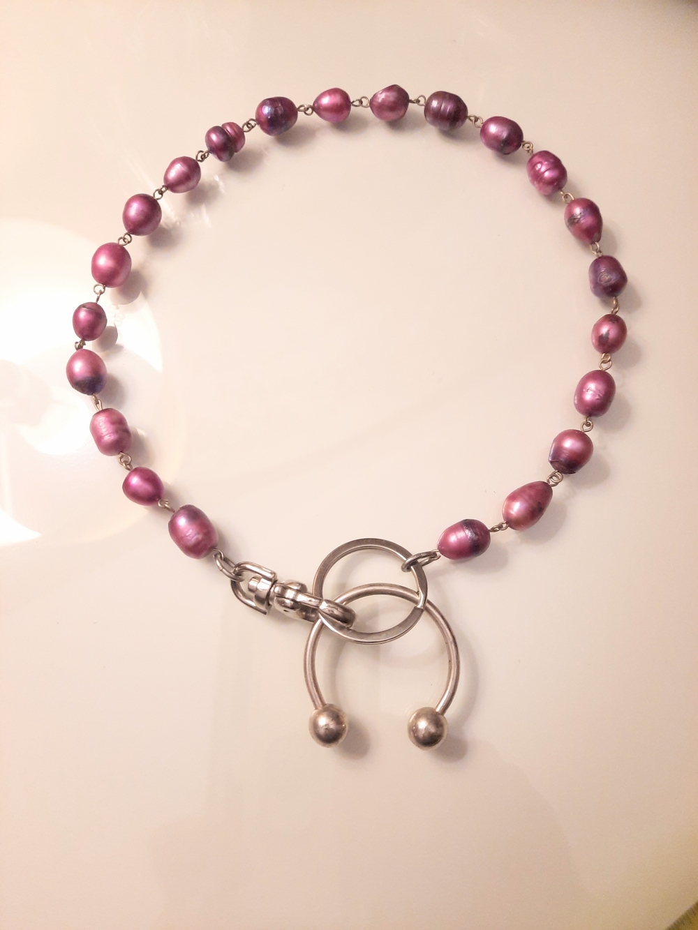 Pearl Bead Necklace in Purple with Silver Hardware